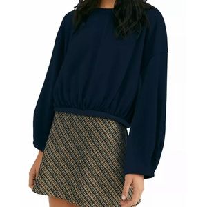 NWT Free People Women Cuddle Bubble Mixed Knit Top Dark Navy Blue Size S
